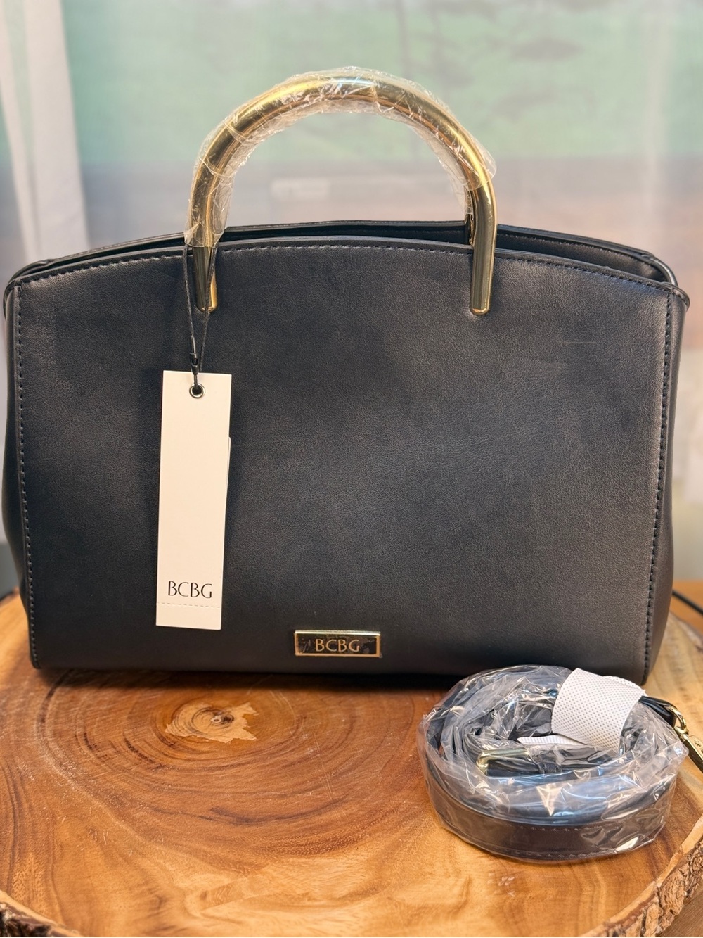 BCBG NWT Elyse Satchel Black Faux Leather Satchel Crossbody - Gold Top Handles